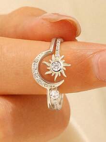 2pcs S925 Sterling Silver Simple Elegant Sun & Moon Cubic Zirconia Rings, Unisex Daily Wear Couple Rings, Valentine's Day Gift, Exquisite Jewelry Present - Sun and Moon Set - View 2
