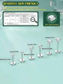 6pcs Cubic Zirconia Round Stainless Steel Stud Earrings/Nose Studs/Lip Rings For Daily Wear