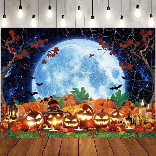 1 Piece Of Halloween Photography Background Pumpkin Patch Starry Sky Moon Night Background Decoration, Multiple Sizes, Polyester Fiber Fabric, No Power Required, Halloween Happy Banner Background Photo Prop, Suitable For Halloween Party Wall Decoration, Celebrating Halloween Holiday Photo Banner