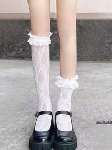1 Pair Women's Lace Mid-Calf Socks, Cute Floral Lace Trim Stretchy Hollow Net Pattern Socks, Lolita Style - White - View 10