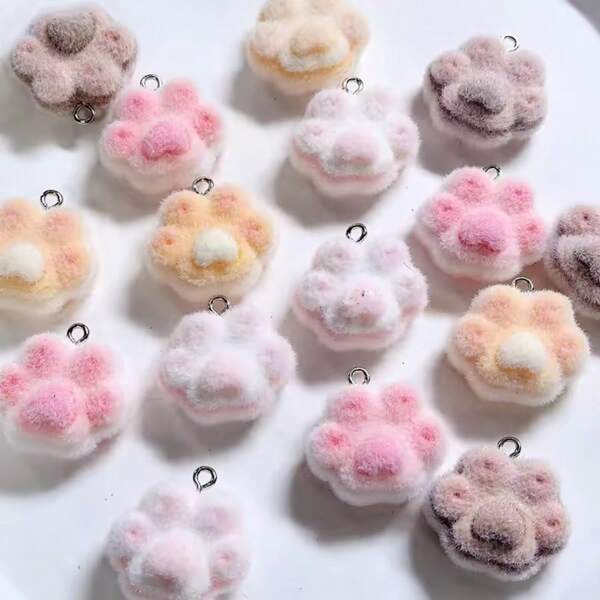 6/12pcs Flocked Cute Colorful Cat Paw Animal Pendant DIY Flocked Craft Jewelry, Earrings, Keychain, Accessories