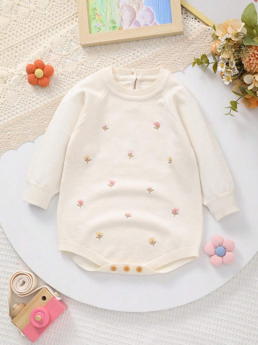 Baby Girl Knitted Tulip Embroidery Decor Crew Neck Long Sleeve Bodysuit, Sweet Outfit For Winter - Pink - View 1