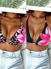 Slaydiva 1pc Plus Size Women Flower Print Halter Bikini Top, 2pcs Set - Multicolor - View 3