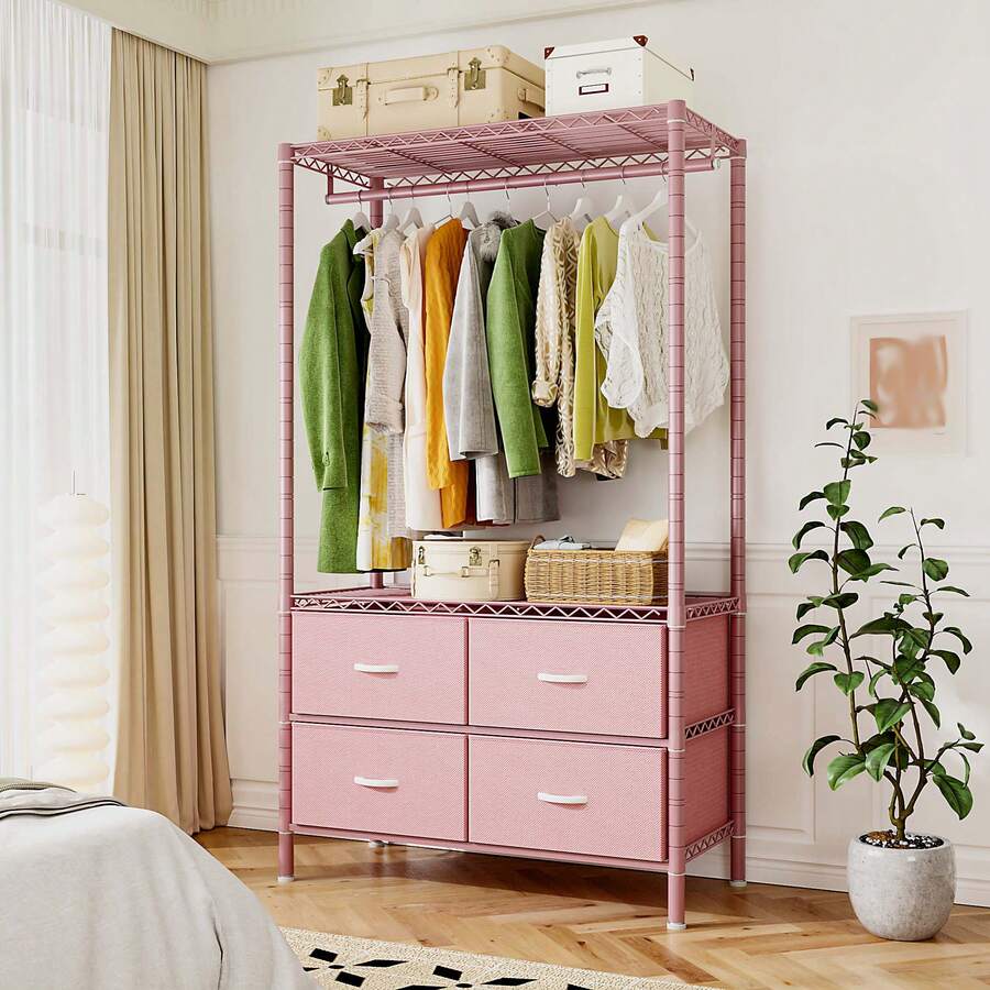 EnHomee Heavy Duty Tall Clothes Rack With Shelves, Hanging Hanger With 4 Drawers, Freestanding Adjustable Wardrobe Closet For Bedroom, Living Room, Cloakroom, Pink - Hồng - Xem 1