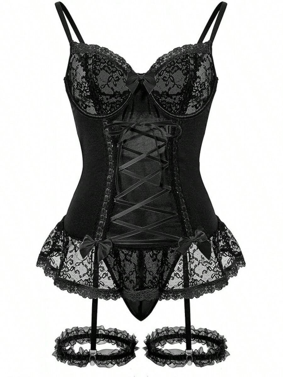 Sheer Mesh Corset Lace-Up Garter Belt Babydoll Lingerie Set - Pure Black - View 1
