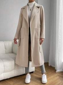秋季女士翻领双口袋腰带长款女式外套 - 杏色 - 查看 4