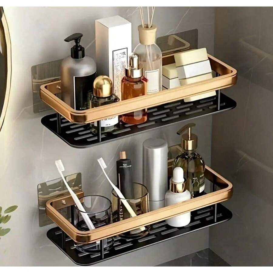Kit 2 Silver Gold Shampoo Holder Bathroom Shelf Organizer With Adhesive