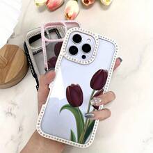Funda para teléfono 1 unidad, tulipanes oscuros, elegantes flores de primavera, belleza natural, purpurina, doble cara | Funda brillante 11/12/13/14/15/16 con pegatinas de joyas | Regalos de cumpleaños para mujer - Blanco - Ver 3