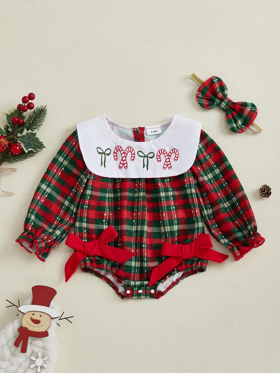 Baby Girls Christmas Plaid Romper Cute Santa Claus Embroidery Long Sleeve Doll Collar Jumpsuit With Bow Headband