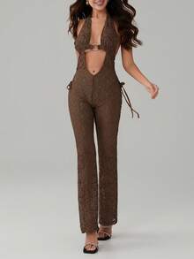 Floral Lace Jumpsuit Women Bodycon Sleeveless See Through Romper Pants Fitted One Piece Cut Out Party Outfits - Cà phê nâu - Xem 1