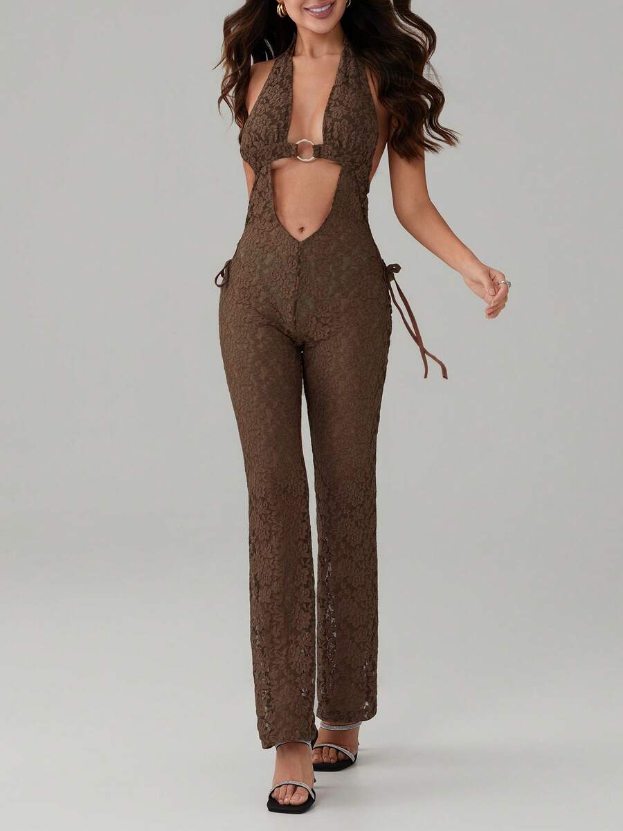 Floral Lace Jumpsuit Women Bodycon Sleeveless See Through Romper Pants Fitted One Piece Cut Out Party Outfits - Cà phê nâu - Xem 1