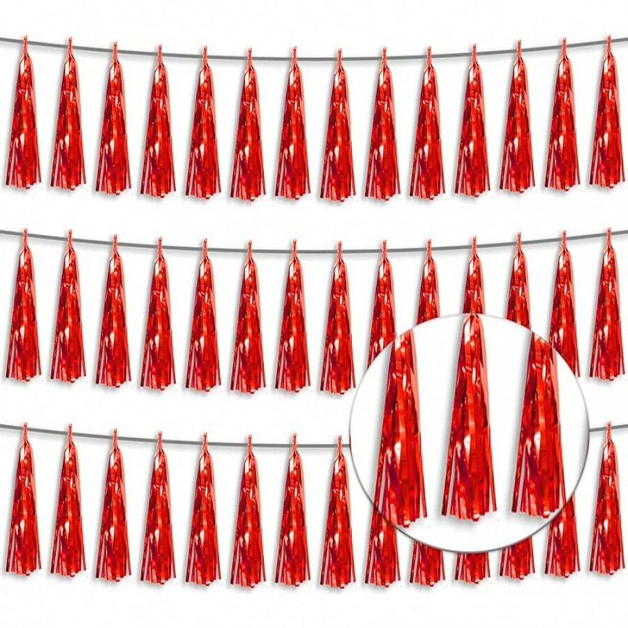 3P Metallic Fringe Tassel Banner Garland Foil Tinsel Streamer Wall Hanging Curtain Backdrop Banner For Parade Floats, Graduation Decorations, Father's Day Party Decoration(Silver)Halloween Christmas New Year - 紅色 - 查看 1