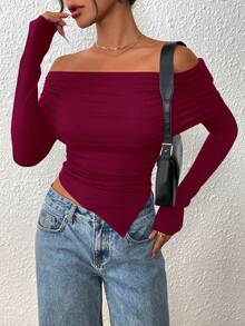 Women's Long Sleeve Shirts Off Shoulder Tops Going Out Slim Fitted Y2K Blouses Fall Fashion Clothes - Màu Đỏ Sâu - Xem 6