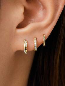 3 Cặp Hoa tai vòng tròn cổ điển CZ có thể xếp chồng lên nhau dành cho nữ, mạ vàng 14K không gây dị ứng đơn giản, hoa tai xoắn bằng Zirconia, sụn cho nhiều khuyên tai trang sức cho nữ - 3 đôi bông tai tròn - Xem 1