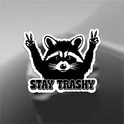 1PC, 5-Inch PVC Durable Waterproof Outdoor Sticker Decal - "Stay Trashy" Raccoon Design - UV-Proof, Perfect For Laptops, Books, Cars, Motorcycles, Bumpers, Tents, Trucks, Pickups, Windows, Helmets, Walls, Suitcases, Glass Mirrors