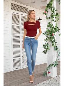 Womens Fashion Fall Cutout Long Sleeve Ribbed Slim Fitted Tops Shirts Tee Tshirts - Short-wine Red - View 5