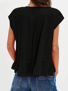 Women Button Down Ruffle Boho Tops Flowy Sheer Short Sleeve Square Neck Lace Blouse Y2k Going Out Blouse Loose Summer Vacation Vest - 黑色 - 查看 2