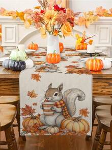 1pc/10pcs Pumpkin Squirrel Table Runner, Thanksgiving, Autumn Harvest Holiday, Seasonal Home Decor, Farmhouse Style, Linen-Like Material, 13"X36"/13"X72"/13"X108", Suitable For Home Kitchen Decor, Party Decorations, Pumpkin Theme Decoration - Multicolor - View 1