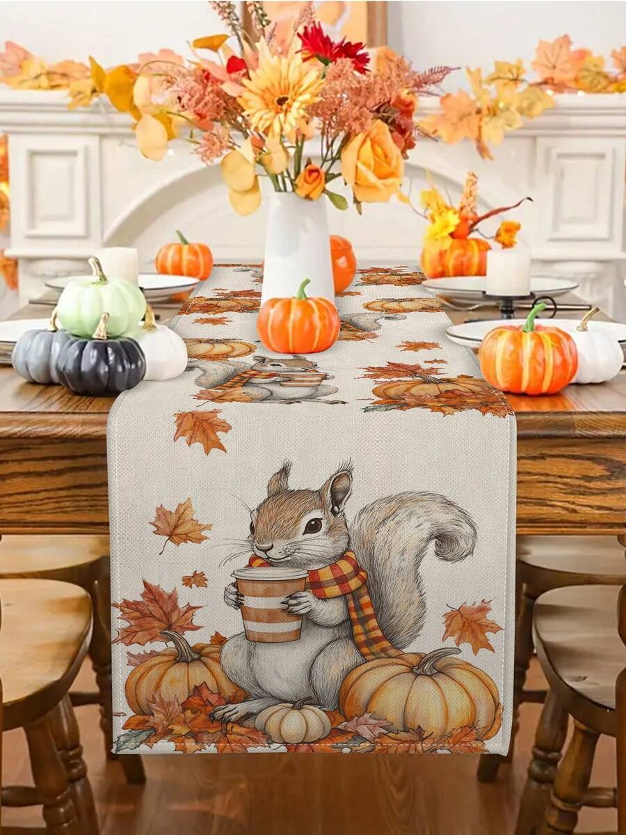 1pc/10pcs Pumpkin Squirrel Table Runner, Thanksgiving, Autumn Harvest Holiday, Seasonal Home Decor, Farmhouse Style, Linen-Like Material, 13"X36"/13"X72"/13"X108", Suitable For Home Kitchen Decor, Party Decorations, Pumpkin Theme Decoration - Multicolor - View 1
