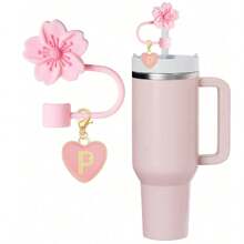 2 件/套心形和字母花卉可重复使用吸管盖，粉色杯字母标记，以及硅胶花卉吸管盖，适合 10 毫米大直径吸管，现代简约玻璃杯的可爱字母配件