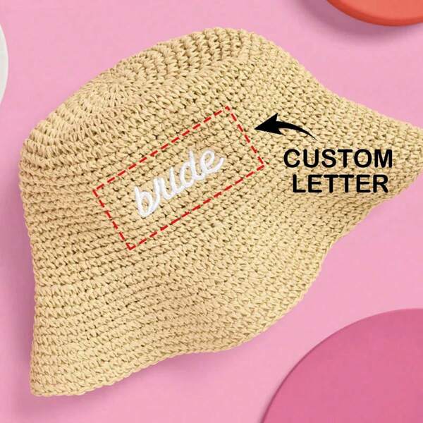 1 pièce, Chapeau seau en paille brodé, Mariée | Retour à l'école, Accessoire de plage pour enterrement de vie de jeune fille, Coiffure de mariée, Décorations pour enterrement de vie de jeune fille, Cadeau pour demoiselle d'honneur, Casquette de mariage Marron