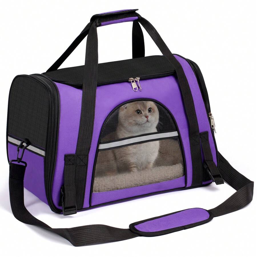 Secure Zipper Anti-Escape Pet Carrier Backpack | Spacious Ventilated Foldable Cat/Dog Travel Bag | Car & Airline Approved Collapsible Cage With Breathable Design - Màu tím - Xem 1