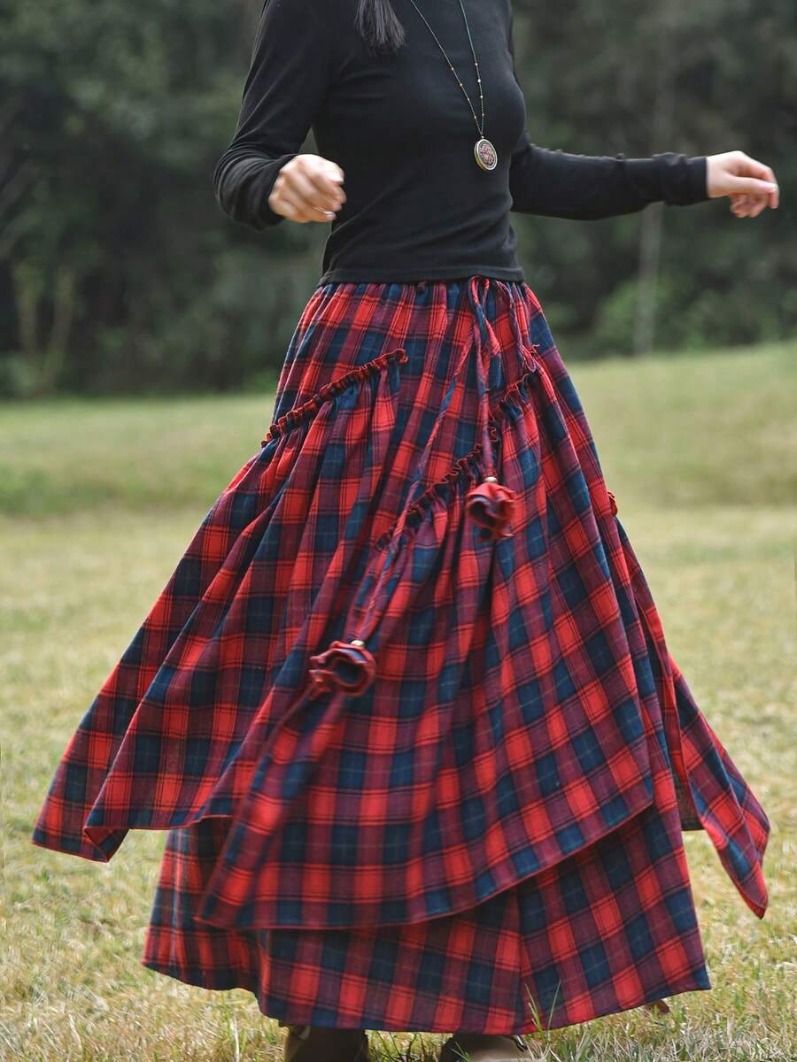 女士格子休闲波西米亚风不对称下摆3D立体花卉装饰半身裙，圣诞红 - 紅色 - 查看 1