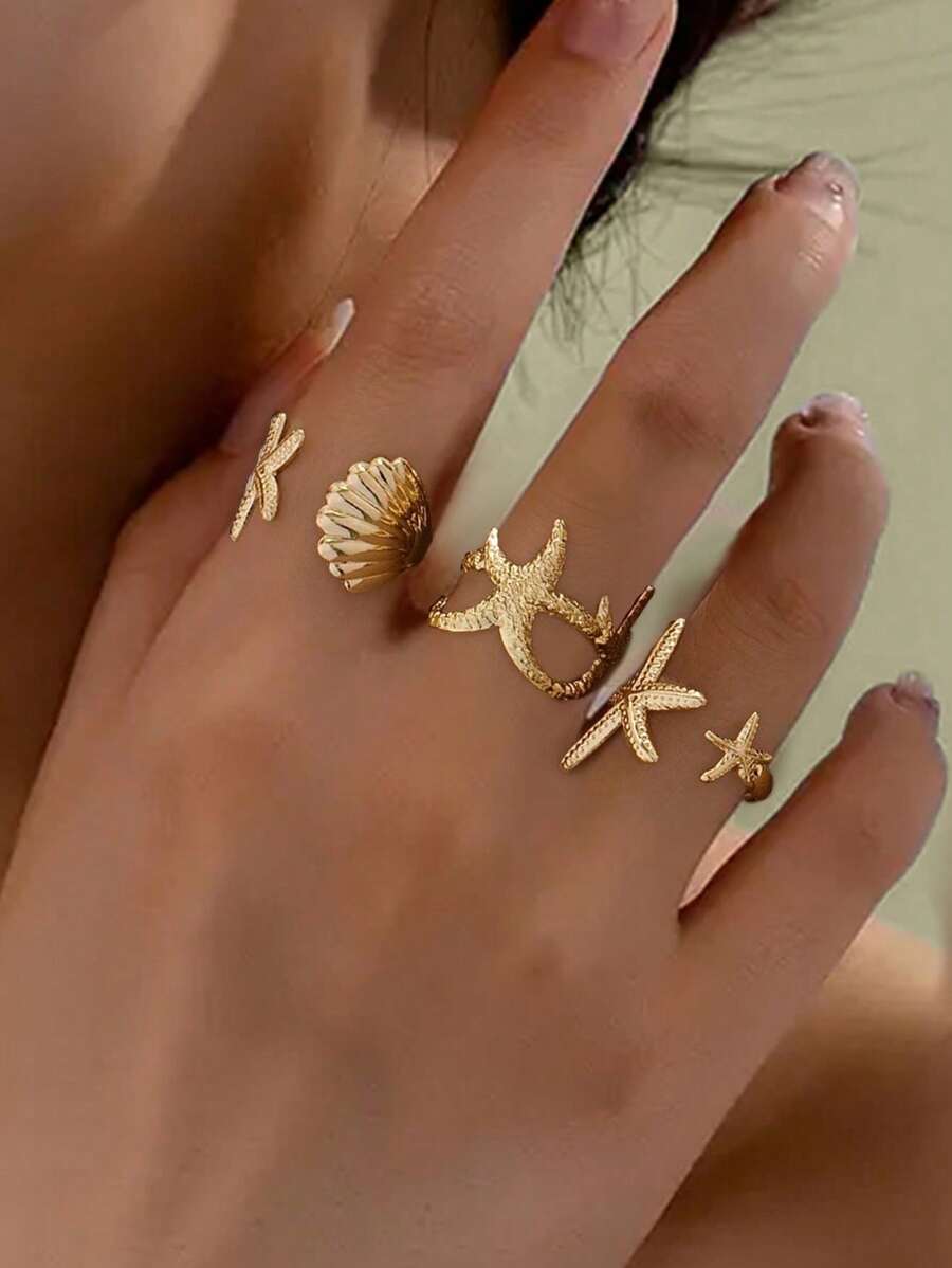 3pcs Metal Fashion Ocean Series Ring Set, Shell & Starfish, Adjustable, Women Summer Beach Jewelry
