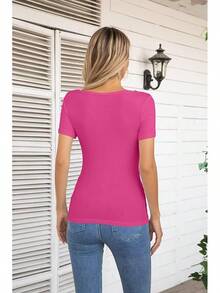 Womens Fashion Fall Cutout Long Sleeve Ribbed Slim Fitted Tops Shirts Tee Tshirts - 短粉紅色 - 查看 4