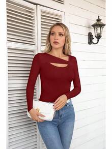 Womens Fashion Fall Cutout Long Sleeve Ribbed Slim Fitted Tops Shirts Tee Tshirts - 長葡萄酒紅 - 查看 5