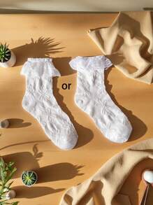 1 Pair Women's Lace Mid-Calf Socks, Cute Floral Lace Trim Stretchy Hollow Net Pattern Socks, Lolita Style - White - View 8
