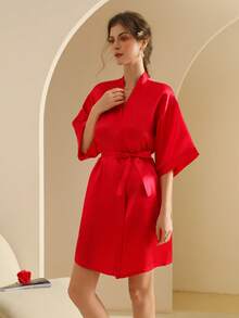 Women's Silk Nightgown Wedding Dressing Robe Lightweight Cardigan Robe Bridal Morning Robe Friend's Robe, Suitable For Home And Hotel Wear. - Bright Red - View 5