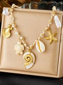 1 Creative, Personalized, Multi Colored Braided Rope Chain Necklace With Gold-Plated Circle, Geometric Shape, Sun Flower, Conch Pendant, Stainless Steel Collarbone Chain