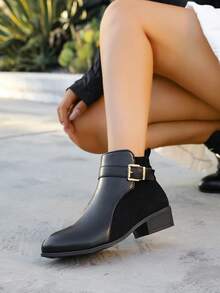 女士黑色时尚英伦风格 PU+麂皮拼接鞋头，经典搭扣装饰，侧拉链百搭踝靴，织物衬里保暖透气，橡胶平底舒适耐用，优雅短靴，适合秋冬，女士靴子 - 黑色 - 查看 6