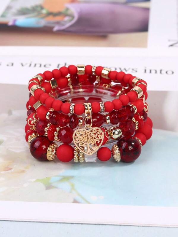 Set de 4 piezas de pulseras vintage con colgantes de corazón bohemios, adecuadas como regalos del Día de San Valentín o regalos diarios para mujeres
