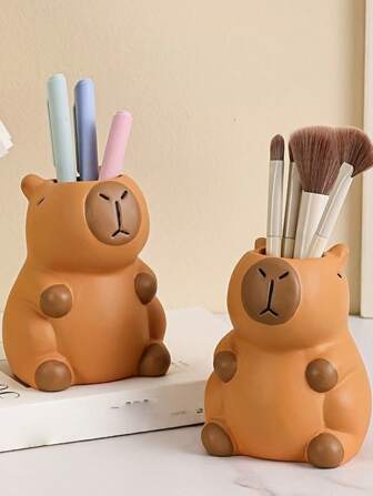 1 PC Cute Capybara Pen Holder & Makeup Brush Organizer - Adorable Cartoon Design, Rubber Material, Perfect For Office Desk Decor And Creative Storage Solution, Pen Holder For Desk