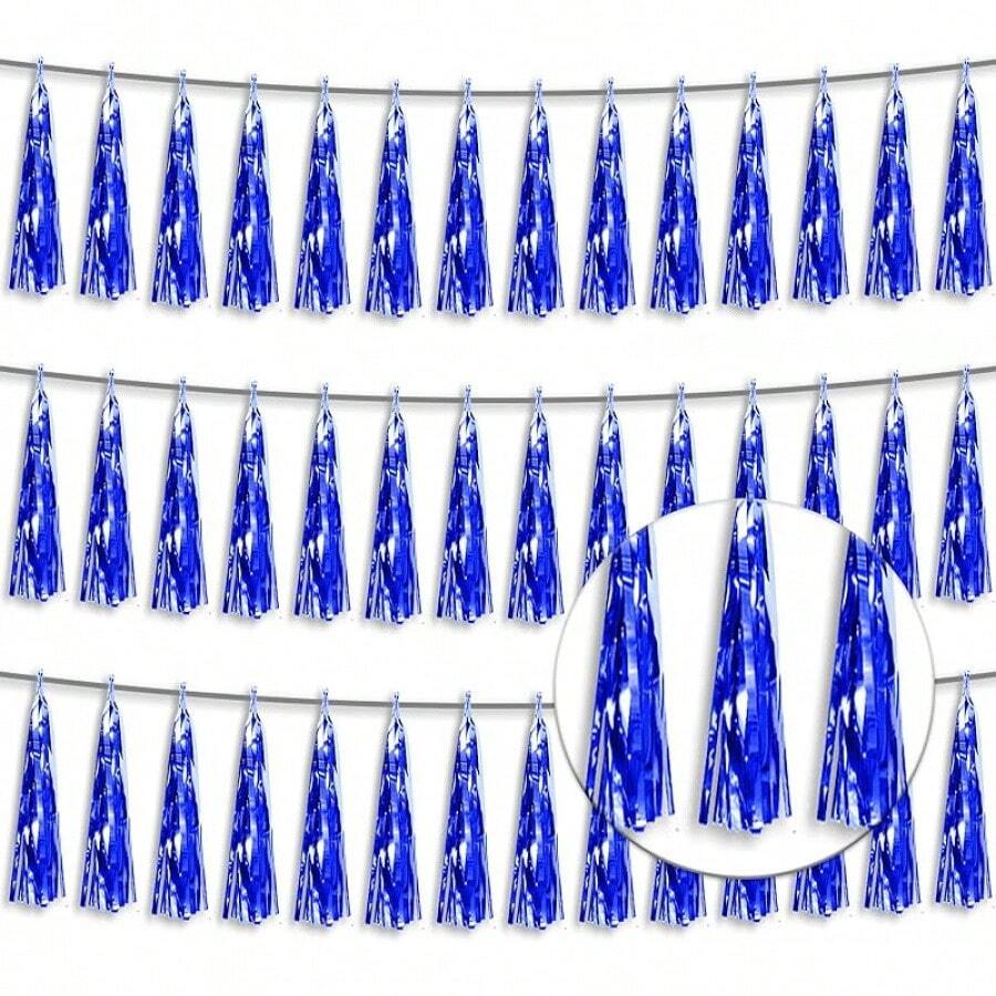 3P Metallic Fringe Tassel Banner Garland Foil Tinsel Streamer Wall Hanging Curtain Backdrop Banner For Parade Floats, Graduation Decorations, Father's Day Party Decoration(Silver)Halloween Christmas New Year - 藍色 - 查看 1