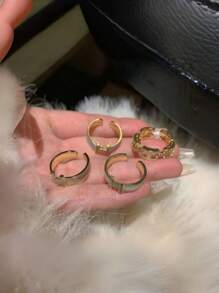 4 件套奢华字母 H 珐琅微镶嵌戒指，女士镂空感戒指，独特小众戒指