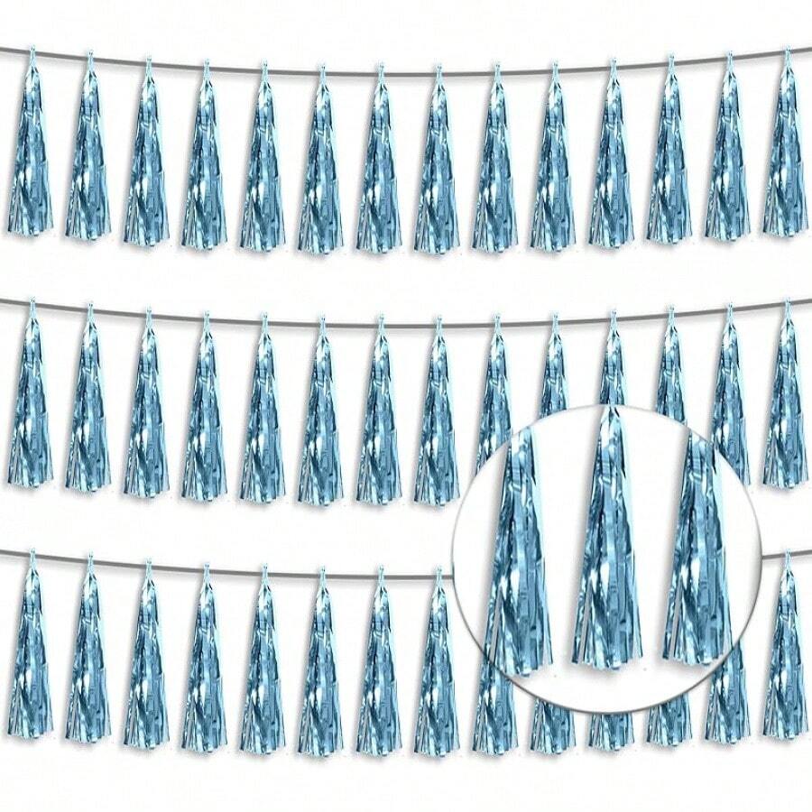 3P Metallic Fringe Tassel Banner Garland Foil Tinsel Streamer Wall Hanging Curtain Backdrop Banner For Parade Floats, Graduation Decorations, Father's Day Party Decoration(Silver)Halloween Christmas New Year - Light Blue - 查看 1