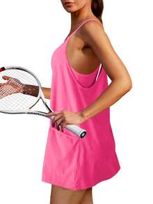 Womens Sleeveless Athletic Hot Shot Mini Dress With Built-In Shorts Sundress - 玫紅色 - 查看 3