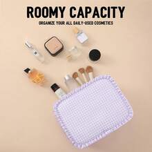 Toiletry Bag Gingham Ruffle Makeup Bag,Large Travel Cute Cosmetic Bag For Women Girls,Toiletry Bag Make Up Organizer 10.8 X 4.5 X 8 Inch (Purple Gingham) - 粉紅格子 - 查看 4