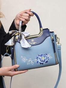 女士时尚包袋套装 - 优雅几何印花、仿皮托特包、斜挎包和手拿包 - 藍色 - 查看 3