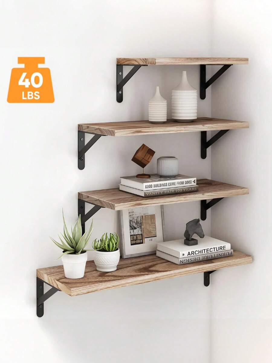 Juego de 4 Repisas Flotantes Madera Minimalista Muebles Hogar Decorar Estante Decorativo Moderno Organizador Pared Sala Dormitorio Cocina Librero Exhibidor Multiusos Montaje Fácil - Caqui - Ver 1
