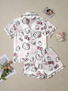 Sanrio Plus Size 3pcs Hello Kitty Silk Pajama Set, 97% Polyester 3% Elastane, Short Sleeve Button Front Lapel Bow Cartoon Cute Front Button Pocket Contrast Trim Sanrio, Outfits