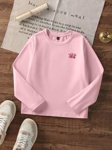 1 件女童休闲印花圆领长袖 T 恤，秋季学生年轻服装 - 粉色 - 查看 4