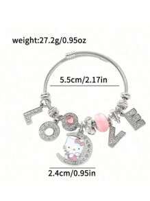Set di 2 pezzi di gioielli di alta qualità scintillanti in argento - Collana con pendente di Hello Kitty e braccialetto "Love", regalo di San Valentino di per la fidanzata, autorizzato da Sanrio