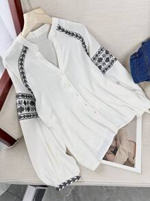 Camisa de manga comprida com estampa geométrica casual estilo francês para férias, início do outono