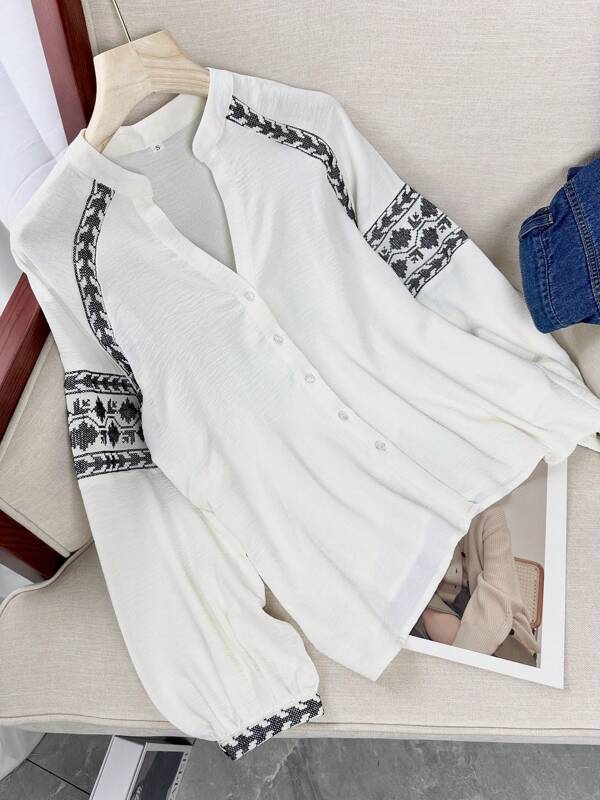 Chemise à manches longues à motif géométrique style vacances décontracté à la française, début de l'automne