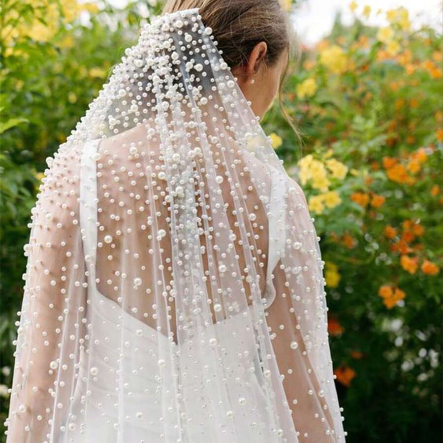 1pc Ivory Luxury Densely Beaded Faux Pearl Bridal Veil, Handmade Beaded Extra Long Train Wedding Dress Accessory Fall Clothes For Women Valentine's Day Accessories - Beige - View 1