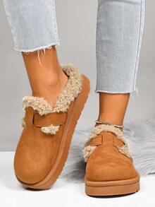 Botas de nieve gruesas y cálidas para mujer en otoño/invierno, Pantuflas cómodas y de moda casual con puntera cerrada/hebilla para mujer, Pantuflas cálidas para interiores